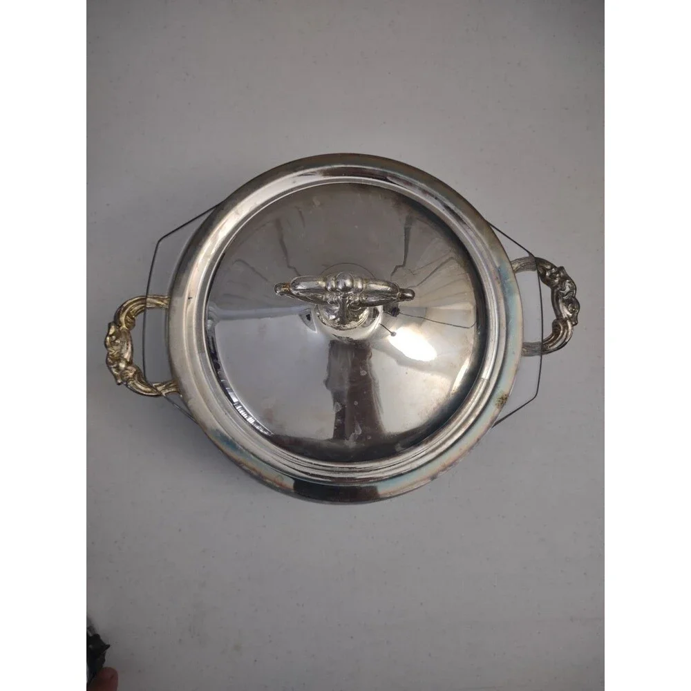 Vintage Silver Plated Covered Casserole Serving Dish Glass Insert Hong Kong
